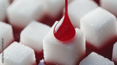 Sugar Cubes with Red Liquid Drop, Close-Up on Sweetness and Color