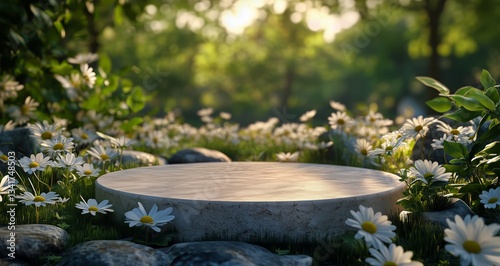 Relaxing Garden With a Stone Platform Surrounded by Daisies in Soft Sunlight ...
