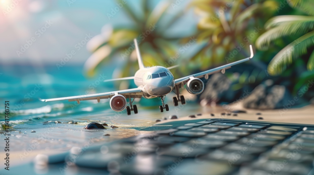 airplane on laptop keyboard symbolizing online travel booking, digital tourism, and global connectivity with a tropical beach background and palm leaves