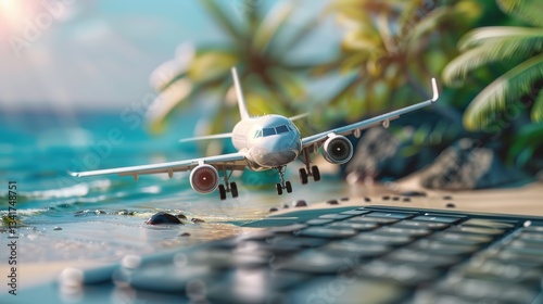 airplane on laptop keyboard symbolizing online travel booking, digital tourism, and global connectivity with a tropical beach background and palm leaves