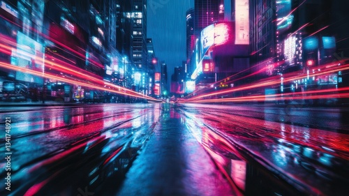 Vibrant Night Cityscape with Motion Blur and Neon Lights