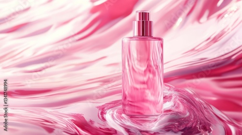 Elegant Pink Perfume Bottle with Swirling Fluid Background Design