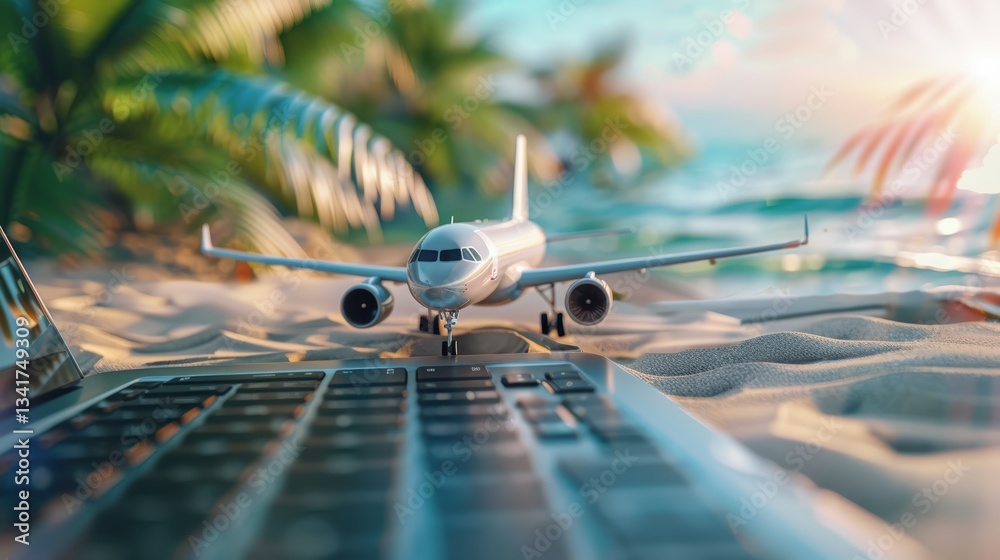 airplane on laptop keyboard symbolizing online travel booking, digital tourism, and global connectivity with a tropical beach background and palm leaves