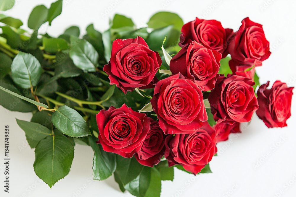 red rose bouquet with fresh green leaves, on white background red rose bouquet with fresh green leaves, on white background
