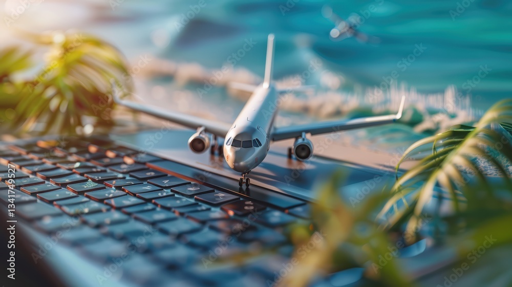 airplane on laptop keyboard symbolizing online travel booking, digital tourism, and global connectivity with a tropical beach background and palm leaves
