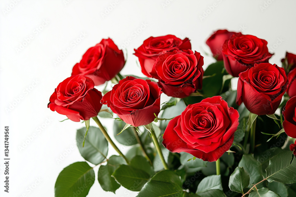 red rose bouquet with fresh green leaves, on white background red rose bouquet with fresh green leaves, on white background