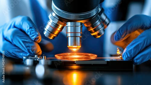 Engineers inspecting the microstructure of high-strength steel alloys under a powerful microscope, scientific setting