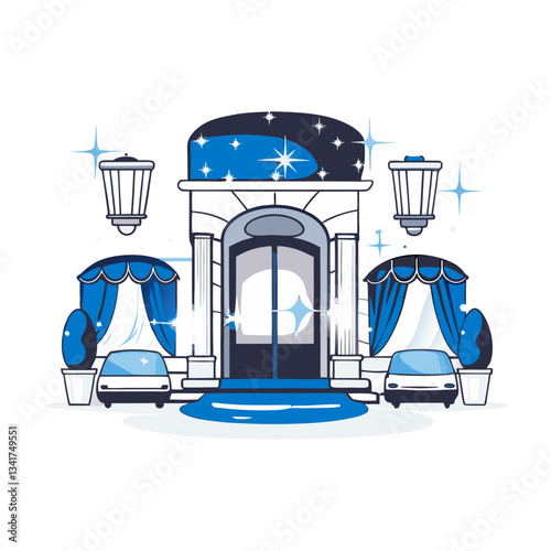 Luxury hotel entrance vector illustration featuring elegant architecture, grand lighting, blue carpets, and parked cars, symbolizing sophistication and high-end hospitality.
