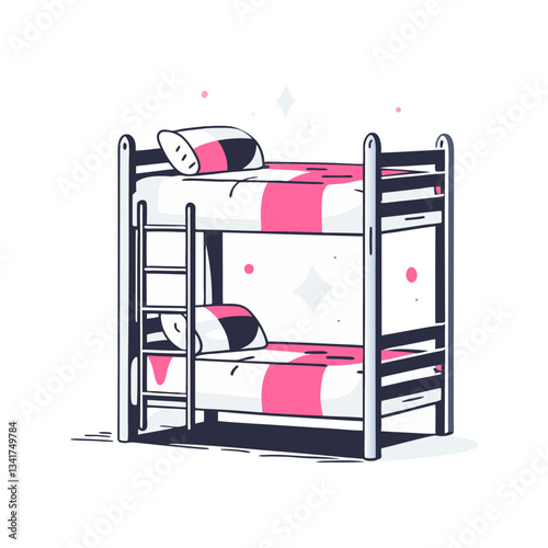 Modern bunk bed vector illustration featuring a sleek wooden frame, a ladder, and cozy bedding with pink accents, symbolizing space-saving and comfort.