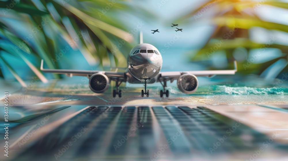 airplane on laptop keyboard symbolizing online travel booking, digital tourism, and global connectivity with a tropical beach background and palm leaves