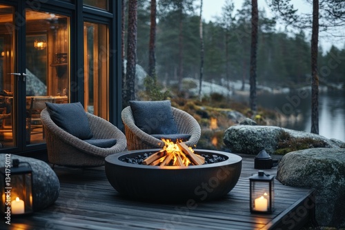 Lakeside cabin patio fire pit seating