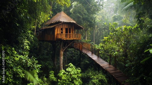 Cozy Treehouse Nestled in Lush Green Rainforest Surrounded by Diverse Foliage...