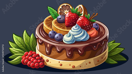 Christmas chocolate cake, a closeup photo of chocolate creamy pastries with berries on top and chocolate mousse, neutral dark background ideal for food and bakery 