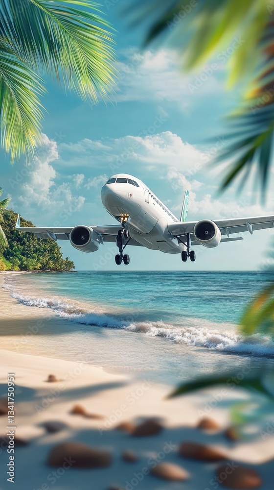 airplane on laptop keyboard symbolizing online travel booking, digital tourism, and global connectivity with a tropical beach background and palm leaves