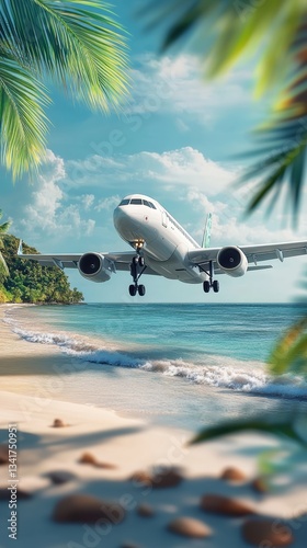 Obraz na płótnie airplane on laptop keyboard symbolizing online travel booking, digital tourism, and global connectivity with a tropical beach background and palm leaves w salonie