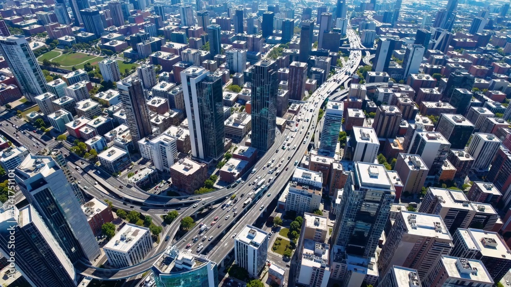 Fototapeta premium Vehicular movement flowing across multi lane highway near downtown new york city skyline, surrounded by glass and steel skyscrapers under bright summer sunlight