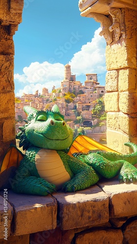Smiling dragon rests in ancient stone archway overlooking quaint village