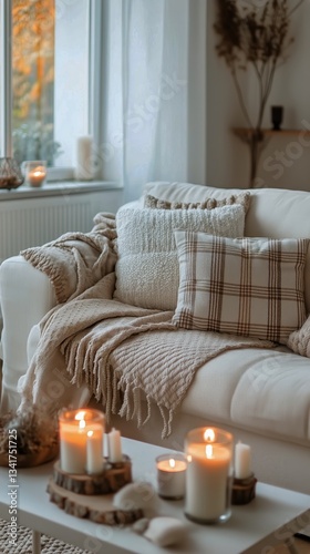 Cozy Living Room With Candles and Soft Decor in Warm Evening Light