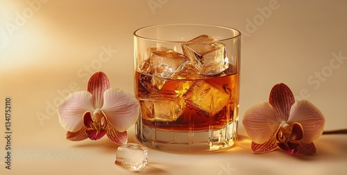 Refreshing Cocktail With Ice and Orchid Flower on a Soft Beige Background