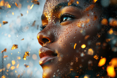 Golden Dream: Woman's Face with Sparkling Particles 