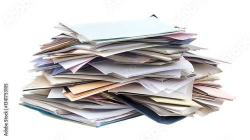 Stack of paper documents of various sizes and colors