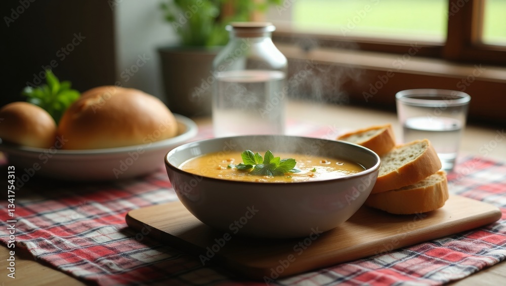 A steaming bowl of soup, garnished with herbs, sits on a wooden board alongside slices of bread, with buns, a glass, and a bottle on a checkered tablecloth in a cozy setting A steaming bowl of soup, garnished with herbs, sits on a wooden board alongside slices of bread, with buns, a glass, and a bottle on a checkered tablecloth in a cozy setting