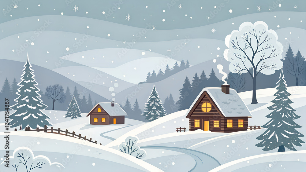 Fototapeta premium Charming winter scene with cozy houses and snowfall in a serene landscape