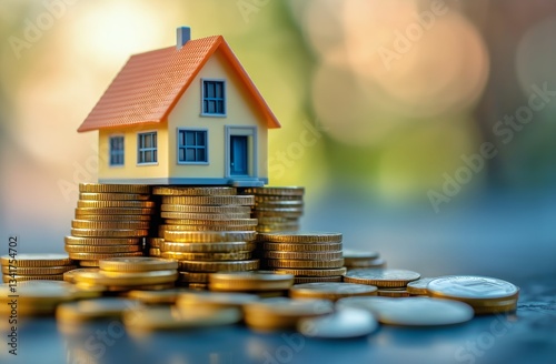 Model House on Coins Representing Real Estate Investment and Savings Strategy...