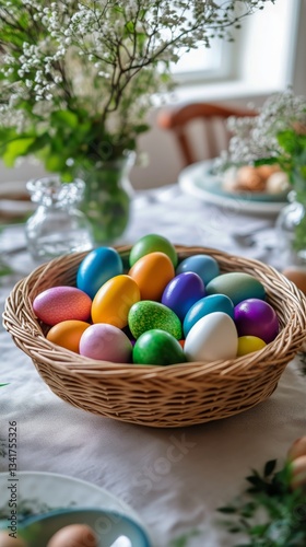 Colorful Easter Eggs in a Woven Basket on a Dining Table Surrounded by Flower...