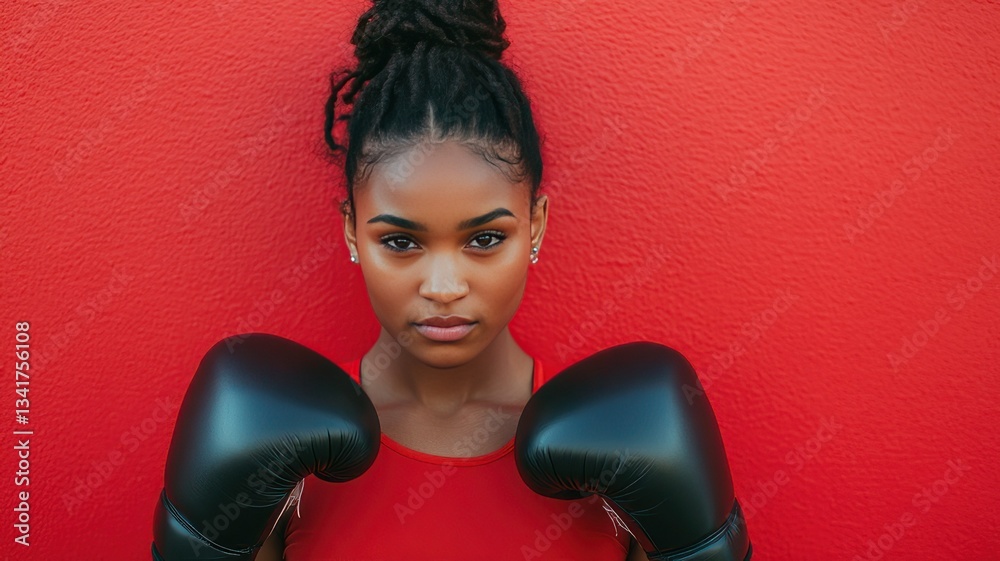 Confident Female Boxer in Red Background with Boxing Gloves Up Confident Female Boxer in Red Background with Boxing Gloves Up