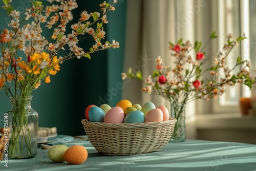 Colorful Decorative Eggs Arranged in a Woven Basket on a Soft Surface With Na...