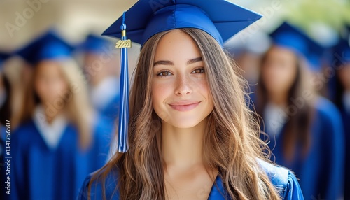 Graduation Ceremony Featuring Happy Student in Blue Cap and Gown With Peers i...