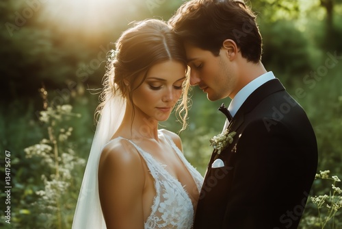Couple Sharing a Romantic Moment During Sunset at an Outdoor Wedding Celebrat...