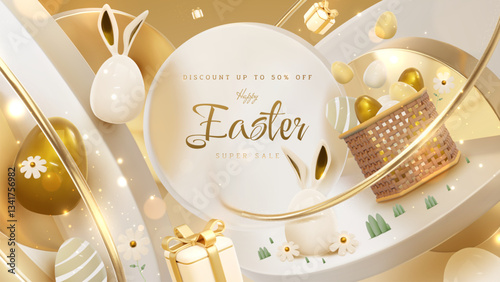 Holiday sale template with realistic Easter elements in golden luxury style with geometric shapes on cream background.