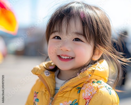 Smiling toddler girl outdoors, cheerful expression, sunny day, carnival background