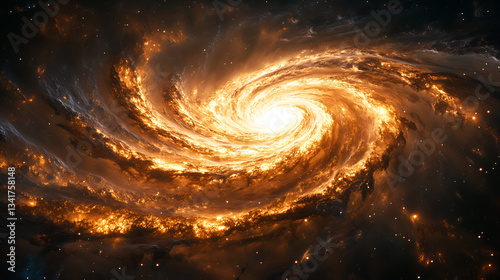 Celestial Dance: A mesmerizing view of a spiral galaxy, with a brilliant core surrounded by swirling arms of stars, gas, and cosmic dust. 