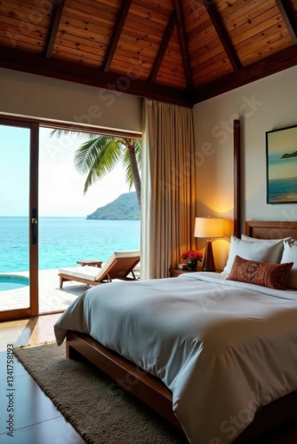 Stunning bedroom view, tropical pool villa interior design , pool view, bedroom interior