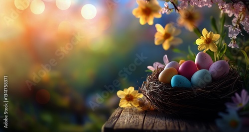 Colorful Easter Eggs in a Nest Surrounded by Blooming Flowers at Sunrise