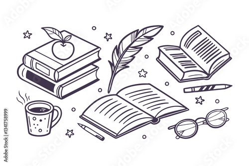 Book Stack Sketch Set. Hand Drawn Doodle Style Line Art of Stacked Books, Library, Reading, and School Concept Icons in Blue Pen Stroke. Vector Illustration Background.