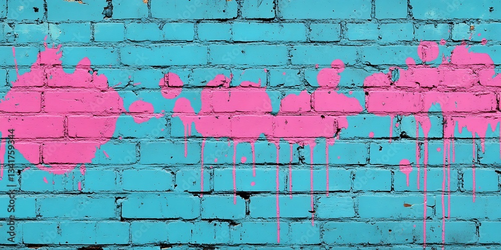 Fototapeta premium Pink paint splatters on blue brick wall