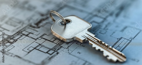 Key Set Placed on Architectural Blueprints in a Workspace for Planning and De...