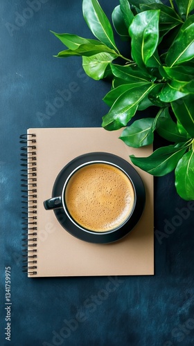 Morning Coffee and Notebook on a Dark Surface Surrounded by Greenery
