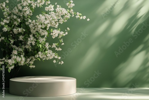 Elegant Floral Arrangement on a Round Pedestal Against a Soft Green Backdrop