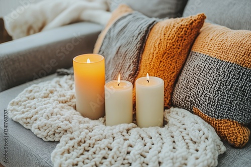 Cozy Indoor Setting With Candles and Plaid Pillows in Warm Fall Atmosphere