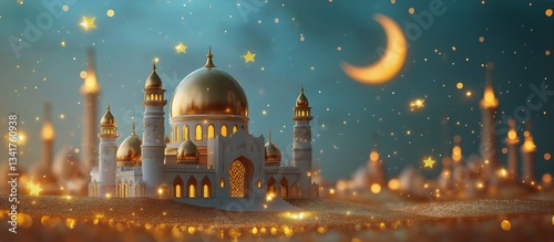 Beautiful Mosque With Crescent Moon at Night in a Starry Sky