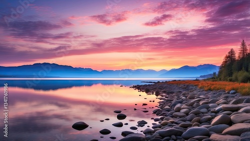 A panoramic view of a tranquil lake at twilight,