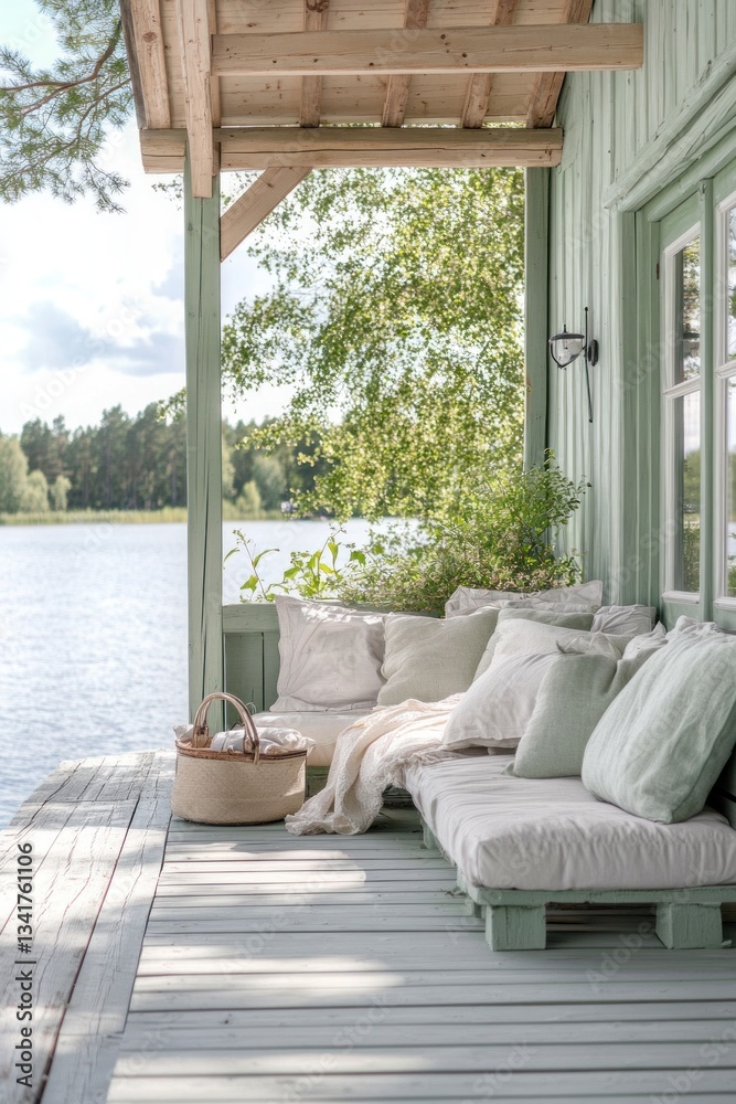 Fototapeta premium Lakeside porch seating area, sunny day, wooden deck, relaxing view