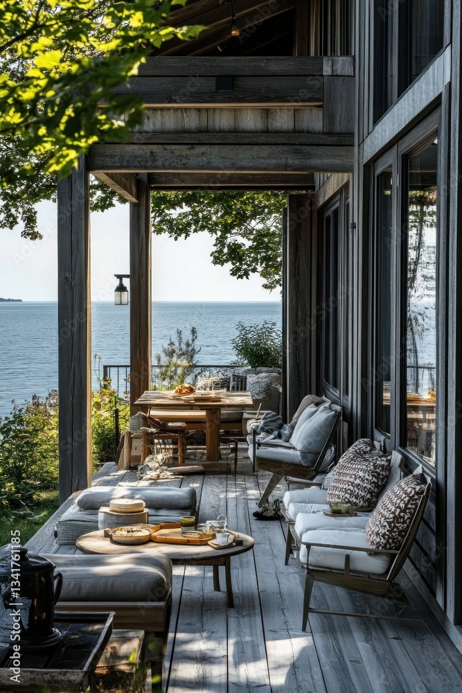 Fototapeta premium Lakeside porch dining, ocean view, summer relaxation