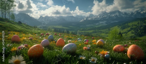 Colorful Eggs Scattered in a Vibrant Meadow Under a Sunny Sky in Springtime