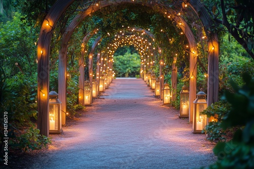 Stunning Garden Pathway Illuminated by Candles and Fairy Lights at Twilight i...